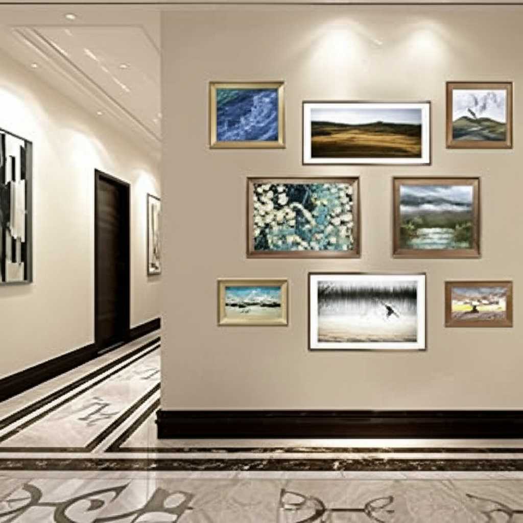 Stylish gallery wall of various metal prints