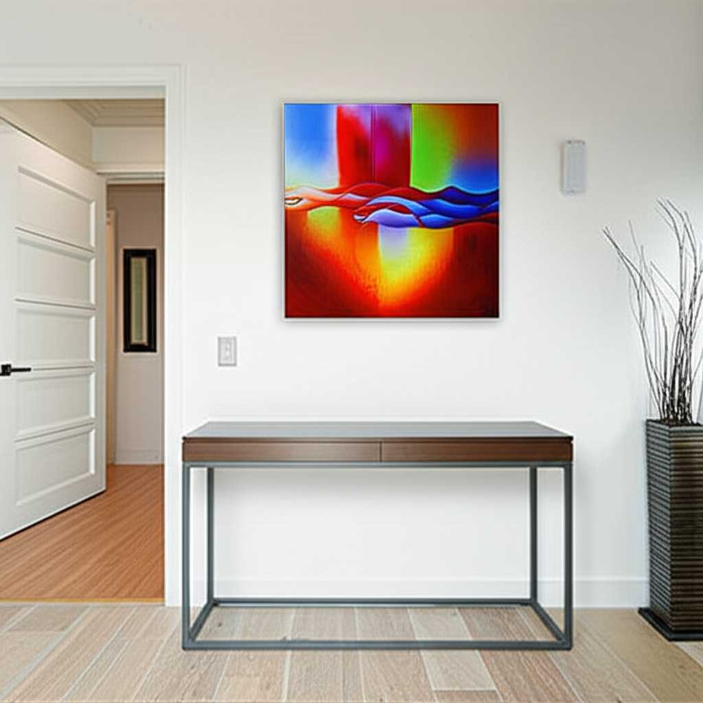 Stylish entryway featuring a bold metal print