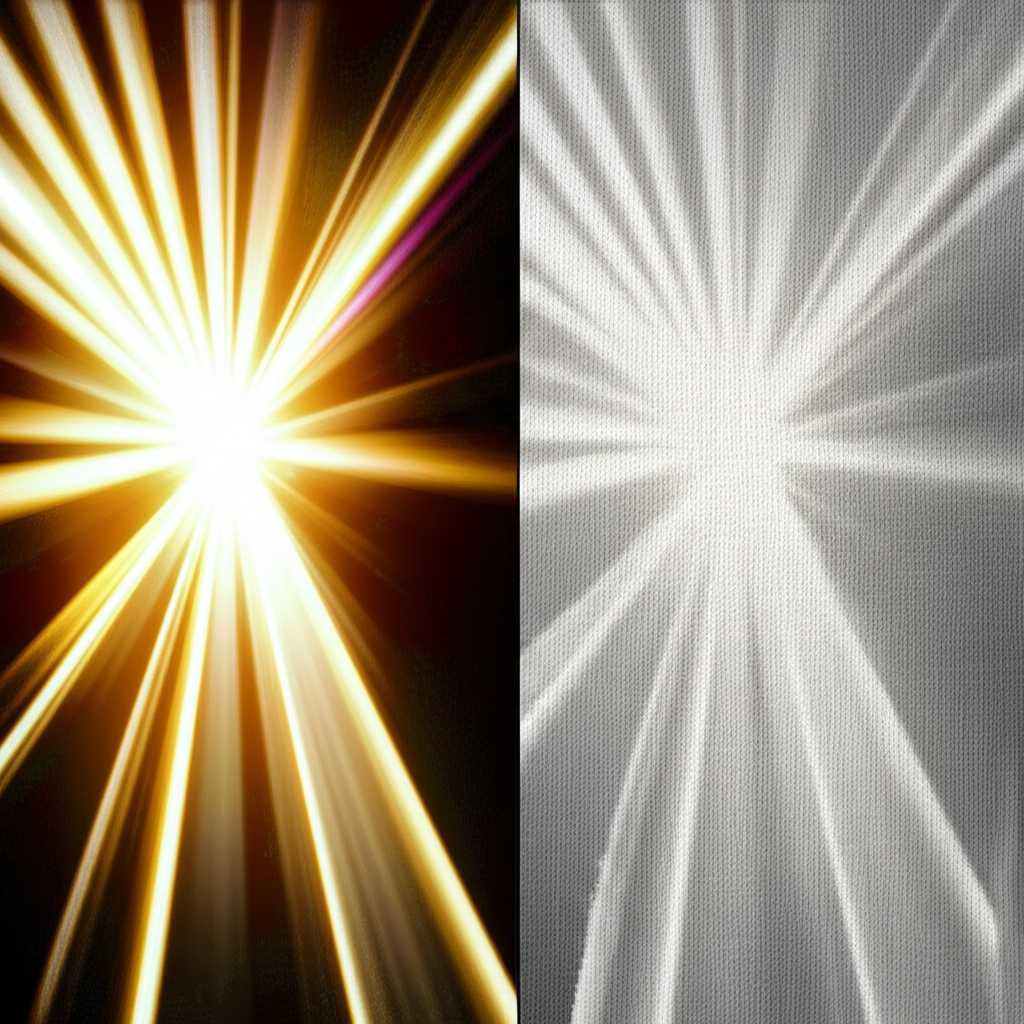 A conceptual image showing light rays bouncing off a glossy metal print, creating vibrant colors, next to light rays being absorbed by a matte canvas print.