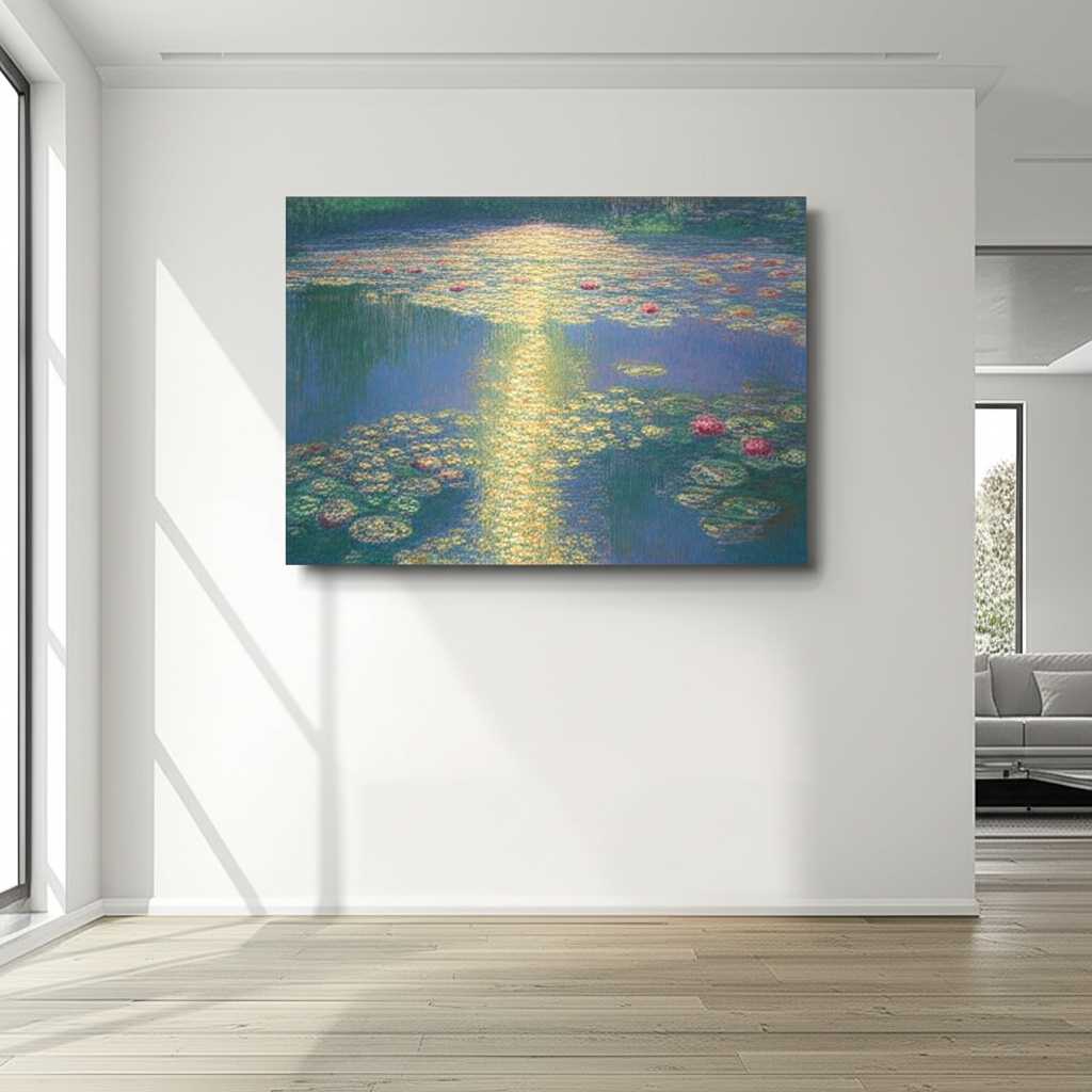 An Impressionist-style painting of a water lily pond printed on a large metal sheet, hanging in a sun-drenched room.
