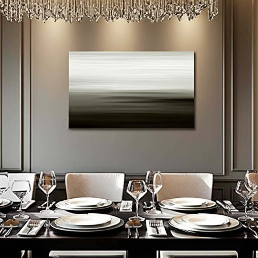 Elegant dining room with a sophisticated metal print on the main wall