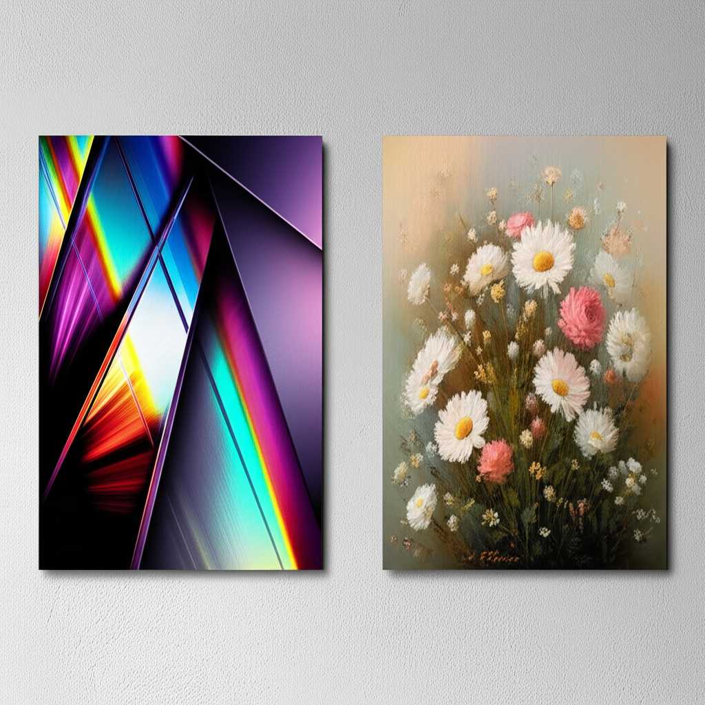 A split-screen style image: one side shows a generic, sleek metal print with vibrant colors in a modern setting; the other shows a generic canvas print with a softer look in a more traditional setting.