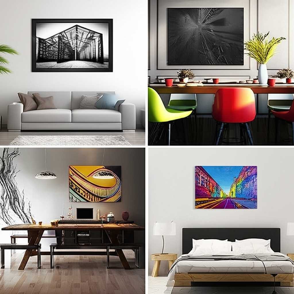 Photo collage of 3-4 different interior styles (minimalist, industrial, eclectic) each featuring a well-chosen, complementary metal print.