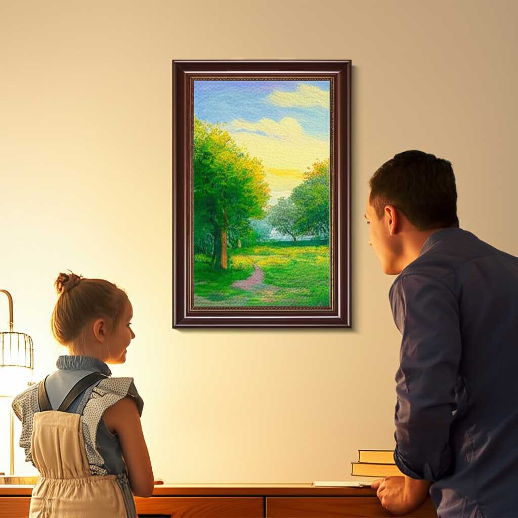 Parent and child looking thoughtfully at an Impressionist-style artwork on a wall, safely displayed as decor