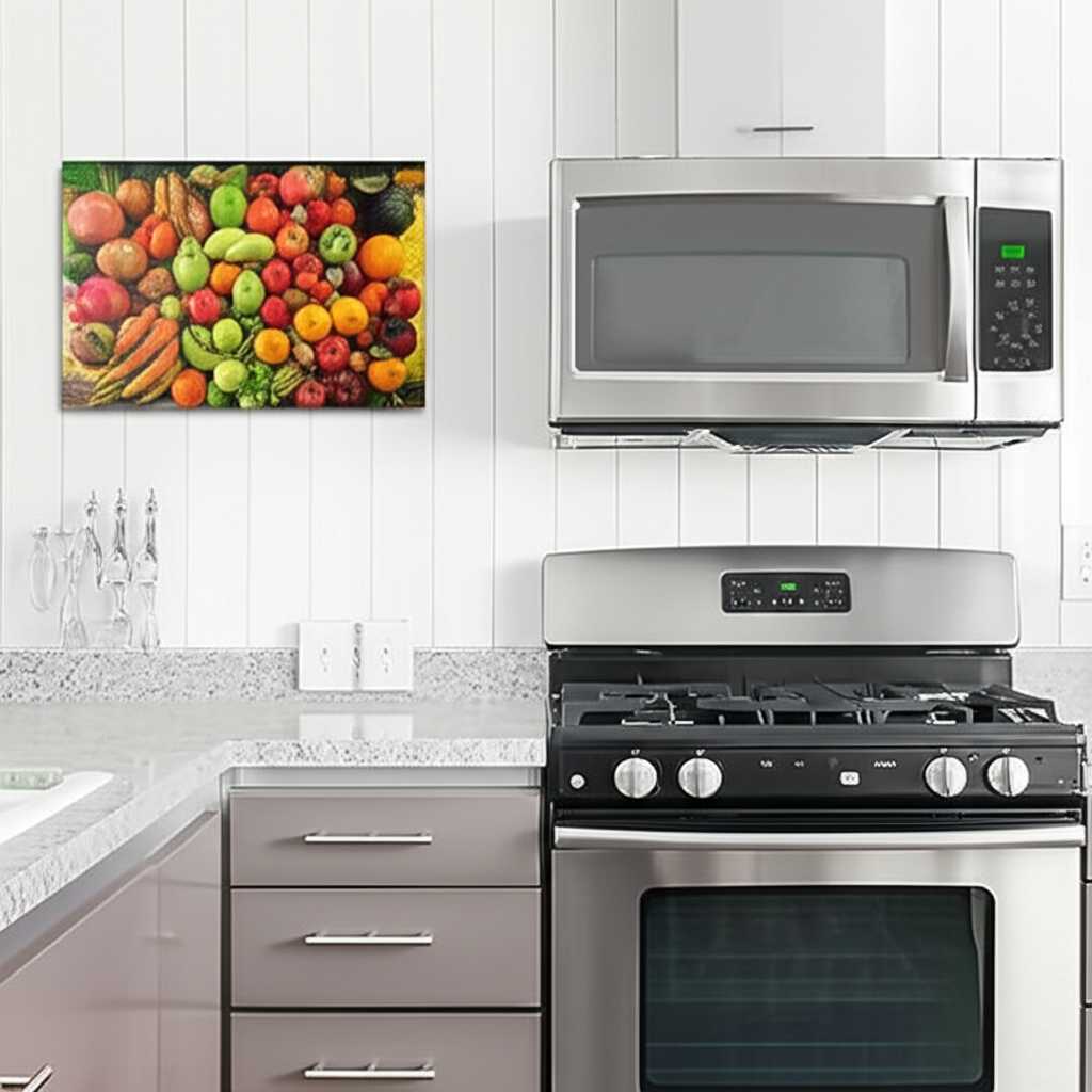 A stylish modern kitchen with a vibrant metal print of artistic fruit photography hanging on a tiled backsplash.