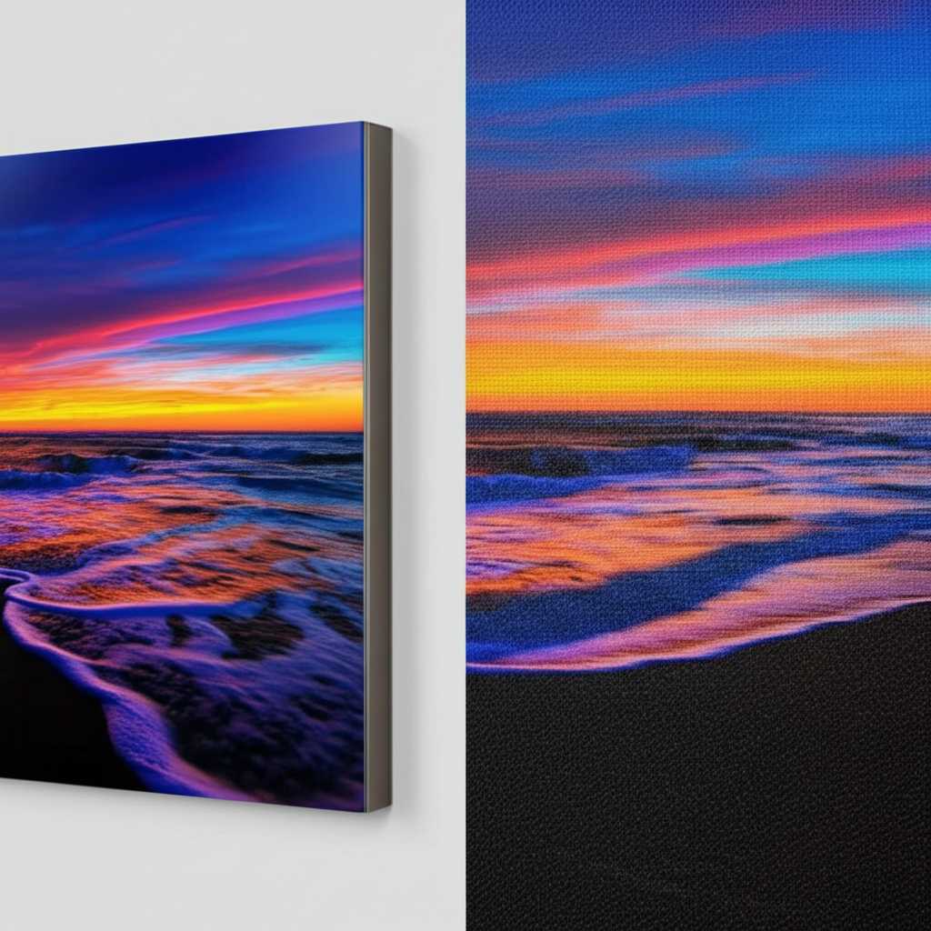 Side-by-side comparison: left side shows a vibrant, sharp landscape on a sleek metal print; right side shows the same landscape on a textured canvas print, appearing slightly softer.