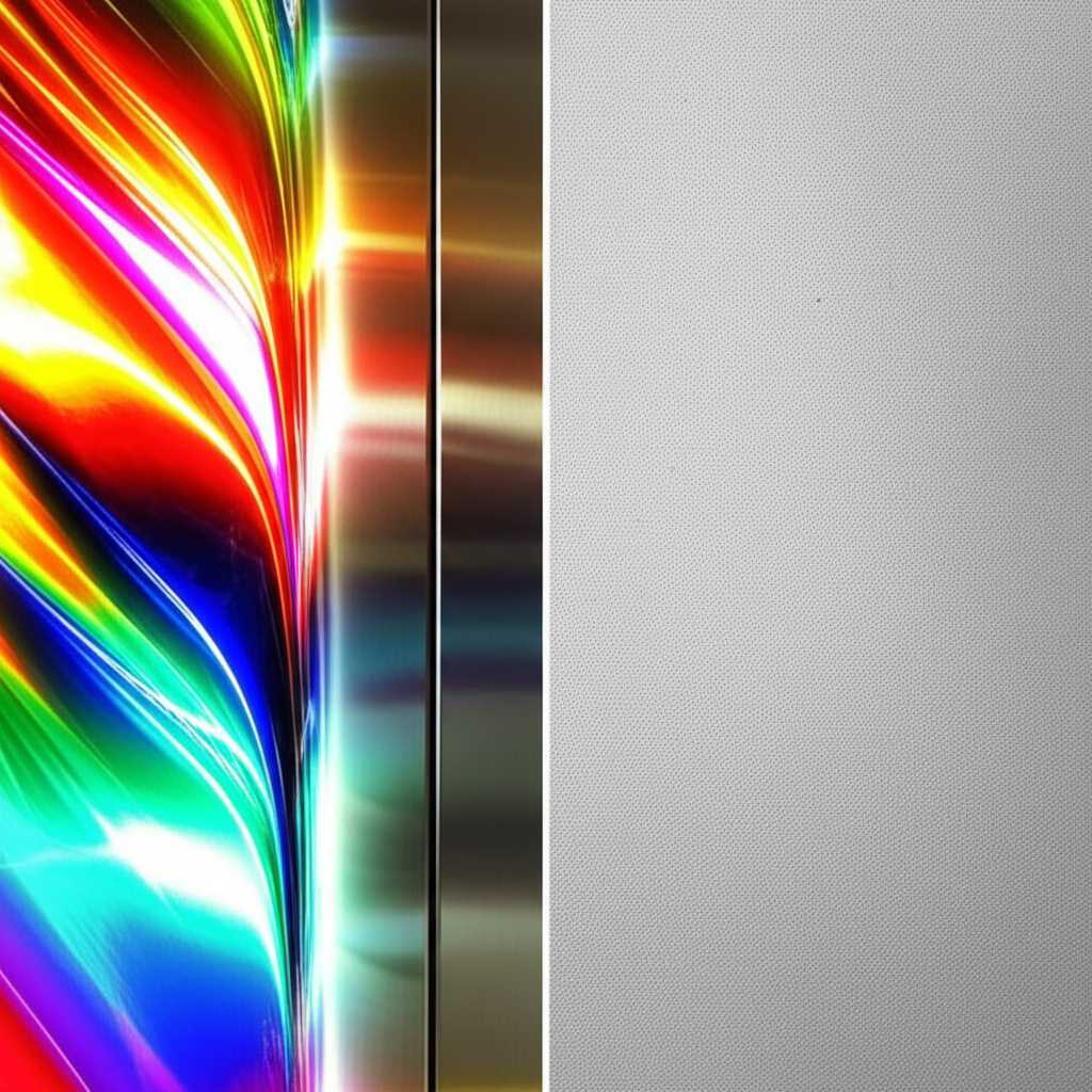 Side-by-side comparison of a vibrant abstract artwork on generic metal and canvas surfaces