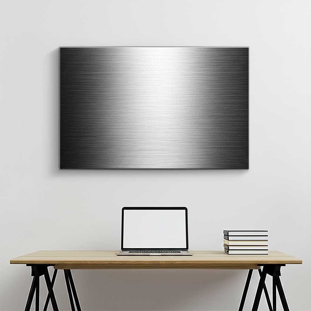 A cozy home office setting. On the wall above the desk, a medium-sized metal print displays a beautifully detailed, artistic rendering of a vintage world map with subtle metallic sheens on the continents.