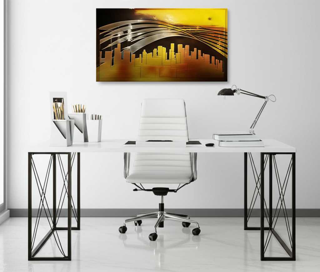 A modern home office with a motivational or abstract metal art piece strategically placed on the wall behind the desk, visible during video calls.