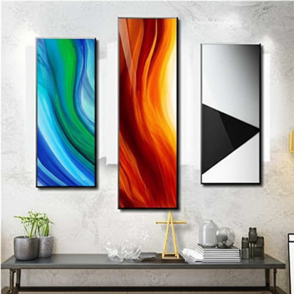 A triptych of metal prints showcasing different color palettes (cool, warm, neutral) and their potential mood effects in a room setting.