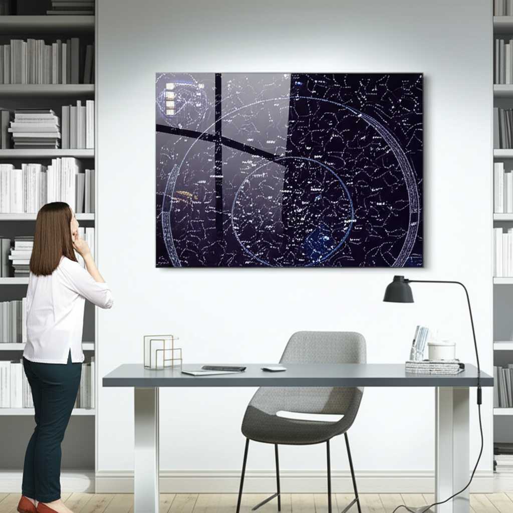 A modern home office with a large, detailed astronomical chart printed on a glossy metal panel, serving as both decor and an educational piece.