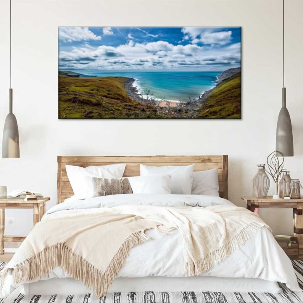 Elegant bedroom with serene metal print above bed
