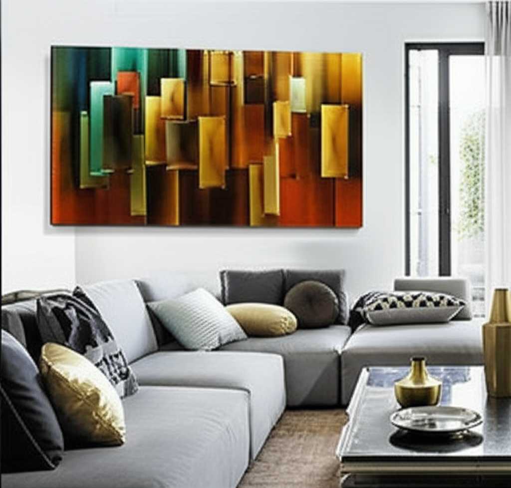 A modern living room where a large, vibrant abstract metal art piece hangs above a sleek sofa, complemented by metallic accent decor on a coffee table.