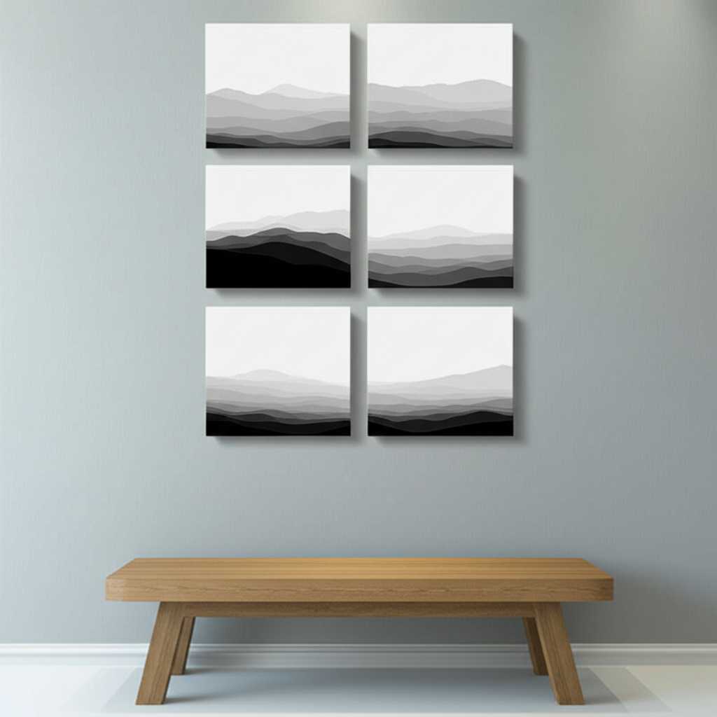A perfectly symmetrical grid of six square metal prints on a clean, light gray wall in a minimalist hallway.