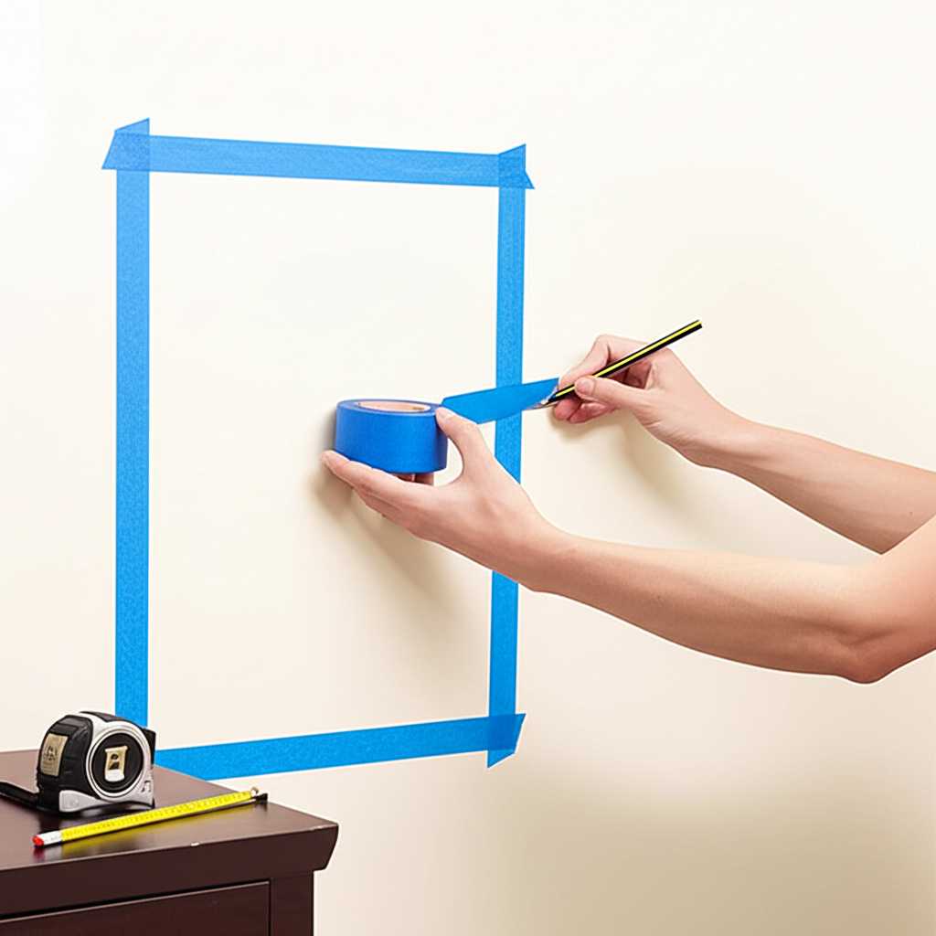 A person thoughtfully using blue painter's tape to outline a rectangle on a blank living room wall, with a measuring tape and pencil nearby on a small table.