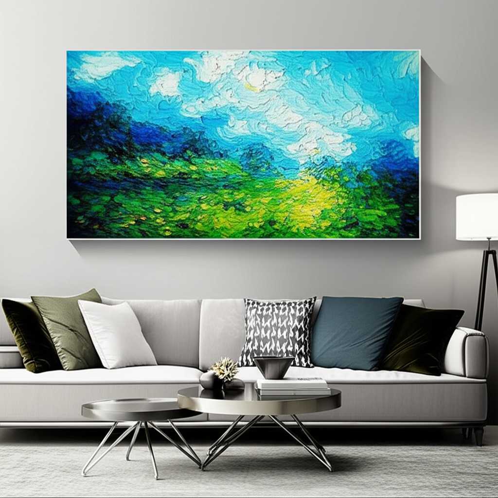 Elegant living room featuring a large Impressionist landscape on a metal print above the sofa