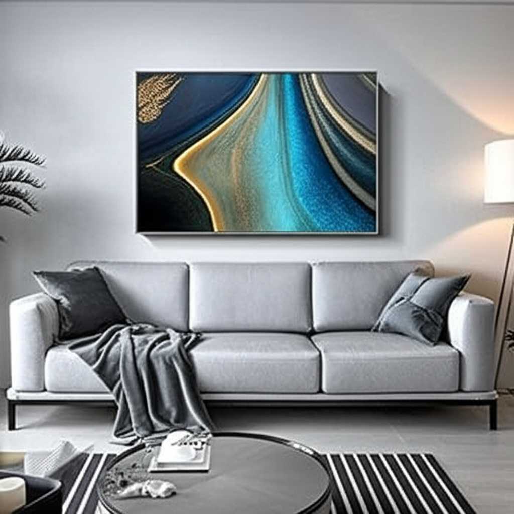 A stylish, contemporary living room with a large, vibrant abstract metal art piece hanging above a neutral-colored sofa, creating a stunning focal point.