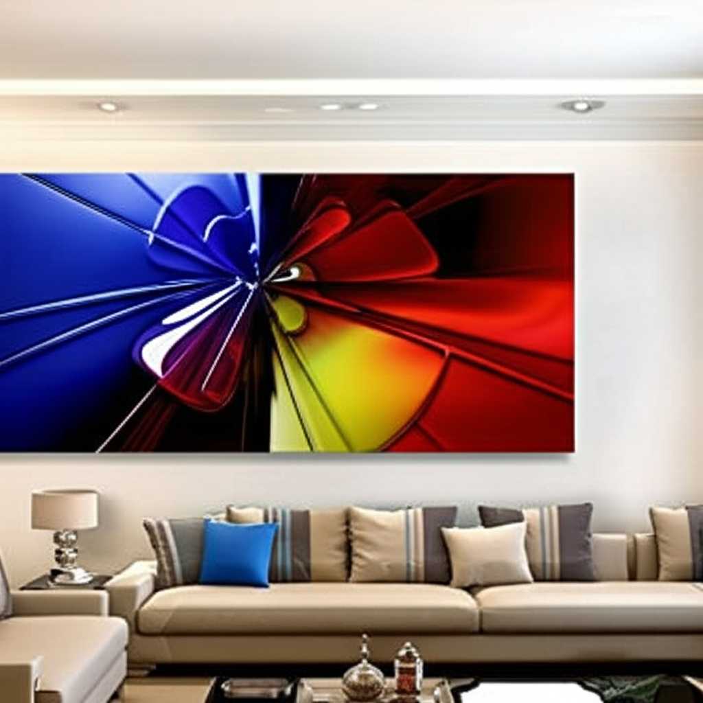 A stunning abstract metal art piece dynamically lit, creating a sense of movement and intrigue, hanging as a focal point in a minimalist living room.