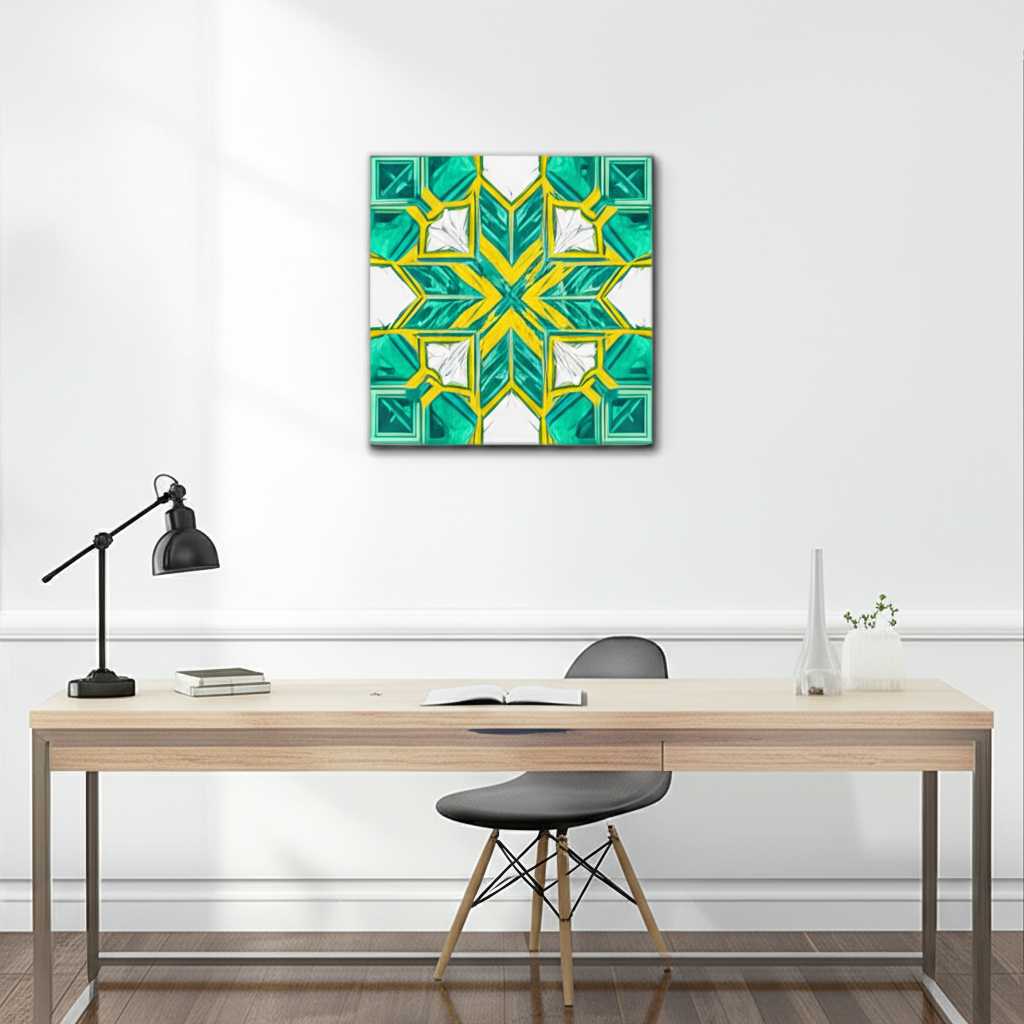 A modern home office with an inspiring geometric metal art piece on the wall.