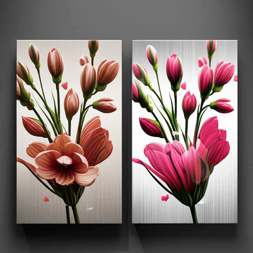 A side-by-side conceptual image showing the same vibrant floral photo on a canvas print and a metal print.