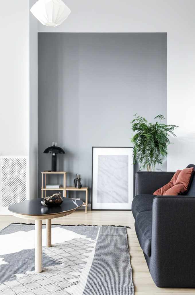 Stylish living room with focus on a wall prepared for art