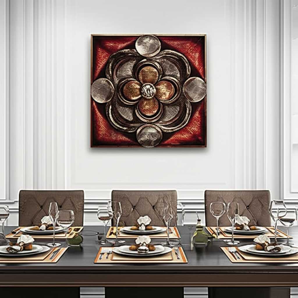 Elegant dining room with a sophisticated metal art piece in warm or rich neutral tones.
