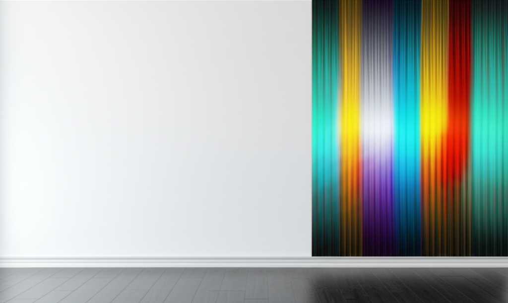 Abstract, artistic representation of sound waves transforming into a vibrant, textured metal wall art piece hanging in a modern, minimalist living room, symbolizing the transformation of a blank space.