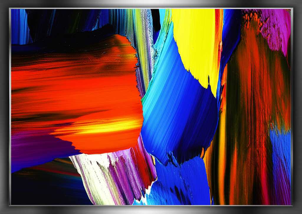 Bold, dynamic abstract artwork with visible textures and rich colors presented as a metal print, enhancing its dimensionality