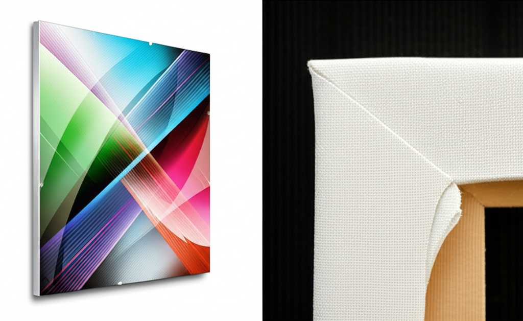 Side-by-side conceptual comparison of a generic metal print and a generic canvas print, highlighting differences in surface and edge.