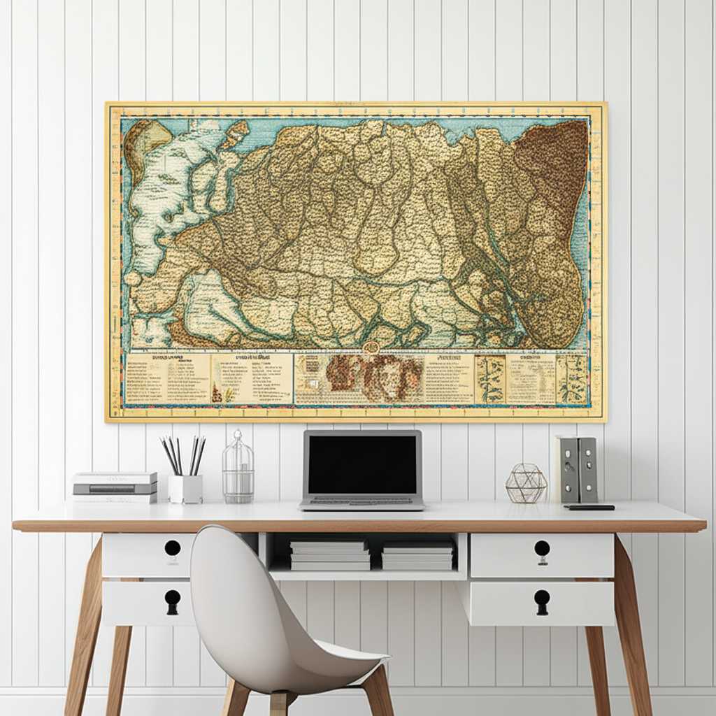 Classroom or study area with a large, detailed historical map or botanical chart printed on metal, looking engaging and durable