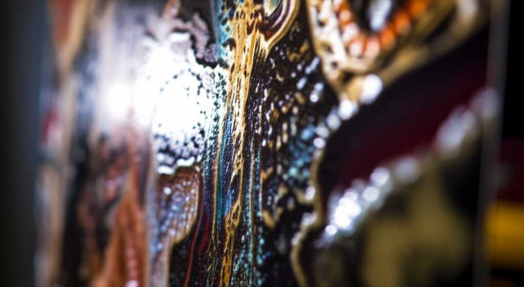 Conceptual image showcasing brilliant light reflecting intensely off a sleek, glossy metal art surface, emphasizing the acrylic-like sheen and profound color depth. Blurred, colorful art elements are visible beneath the gloss.