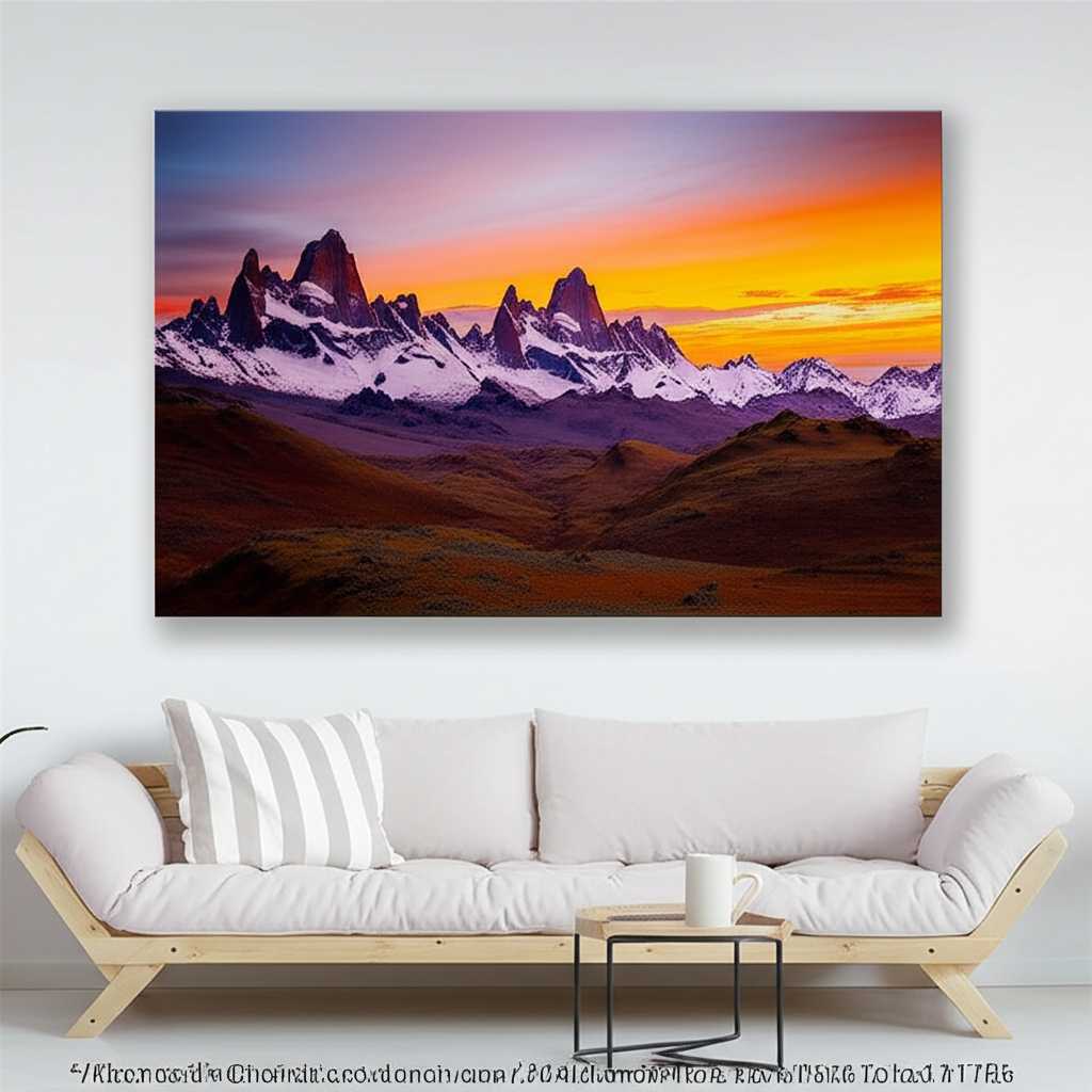Modern living room with a large, vibrant metal print of a landscape as a focal point above a minimalist sofa