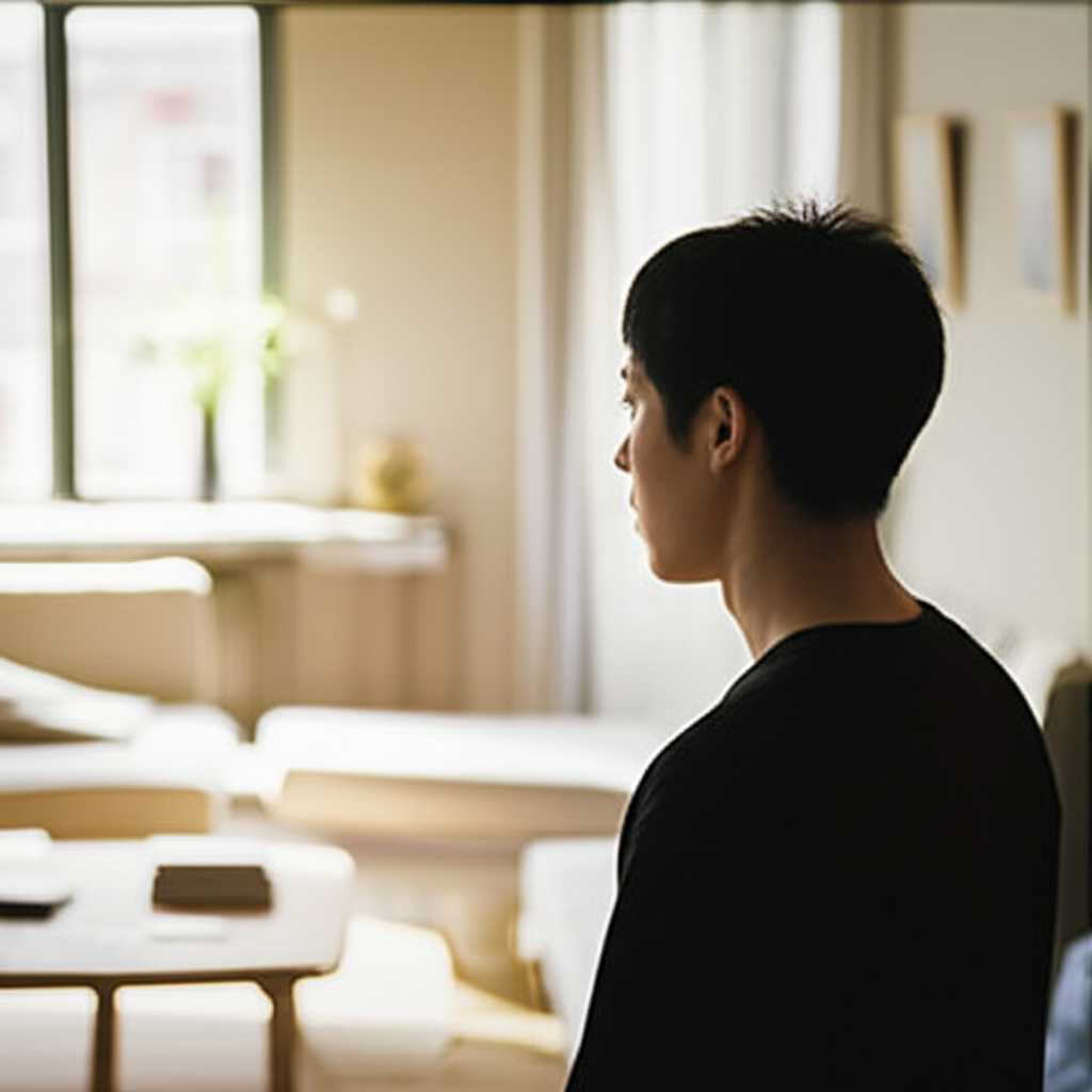 A person thoughtfully observing an Impressionist-style metal art print in a home gallery setting, with soft, focused lighting on the artwork. The print is vibrant and has a subtle sheen.