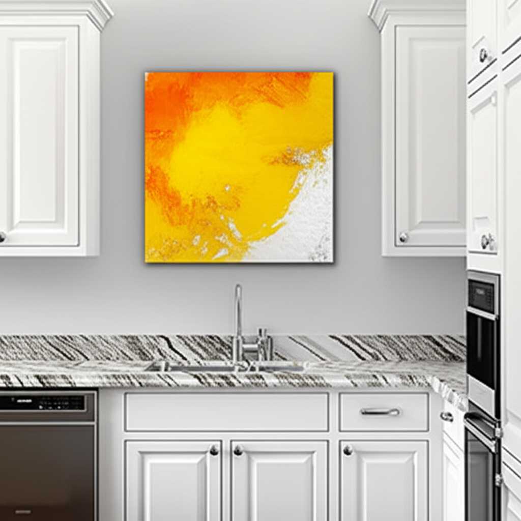 A modern kitchen with a vibrant metal art piece featuring abstract splashes of yellow and orange, adding a burst of energy to the clean, white space.
