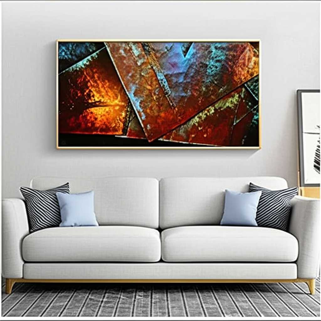 A beautifully lit living room with a large, abstract metal art piece perfectly centered above a modern sofa, demonstrating ideal placement.