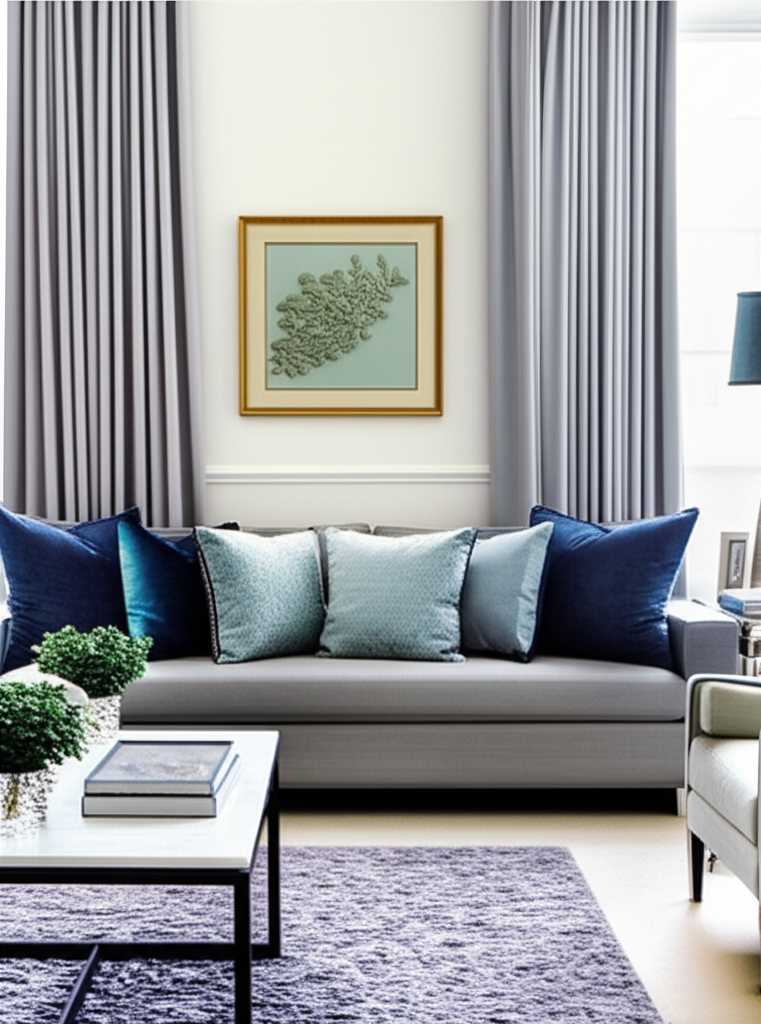 A living room scene showcasing a metal print with a strong analogous color scheme (e.g., blues and greens) that harmonizes beautifully with the room's decor.