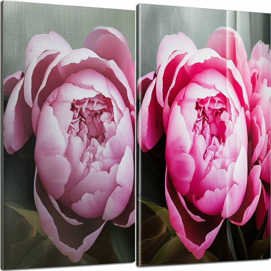 A conceptual split-image. The left side shows a traditional floral painting on canvas, looking beautiful but soft. The right side shows the same floral image on a metal print, where the colors are intensely saturated and the dewdrops on the petals have a sharp, glossy, almost 3D look.