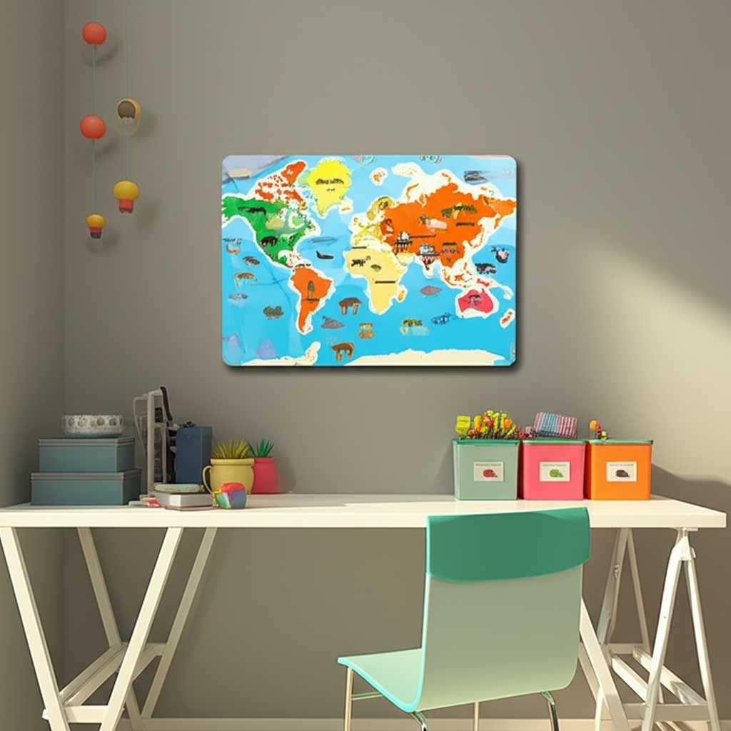 A well-organized and bright children's study area or classroom corner. On the wall, safely mounted, is a vibrant and detailed educational metal print, perhaps a stylized solar system or an artistic representation of the animal kingdom.