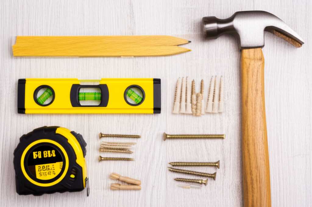A flat lay of essential art hanging tools: measuring tape, pencil, level, hammer, and assorted screws/anchors, neatly arranged on a clean wooden surface.