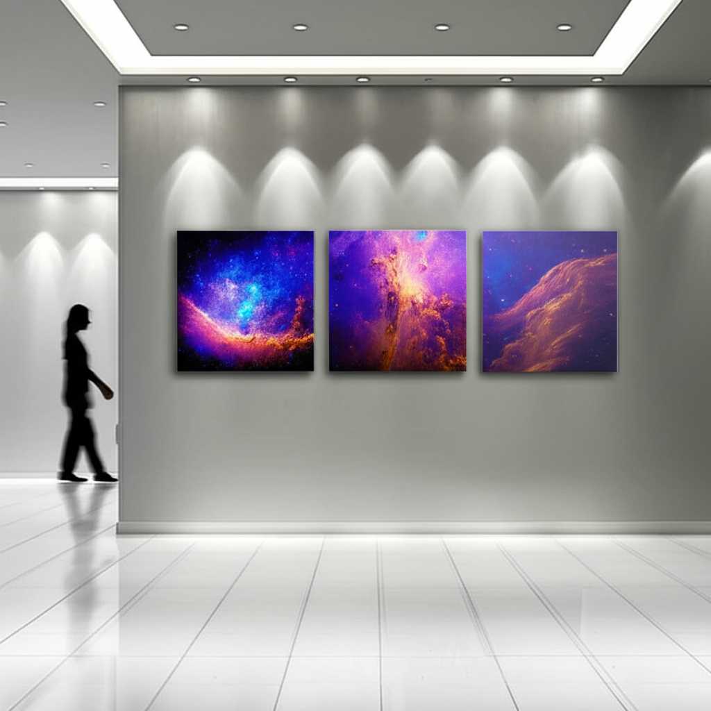 A long, elegant hallway with a series of three medium-sized, square metal prints hung in a perfect line. A person is walking down the hall, and as they move, the light from the recessed ceiling lights reflects differently off each print's glossy surface.