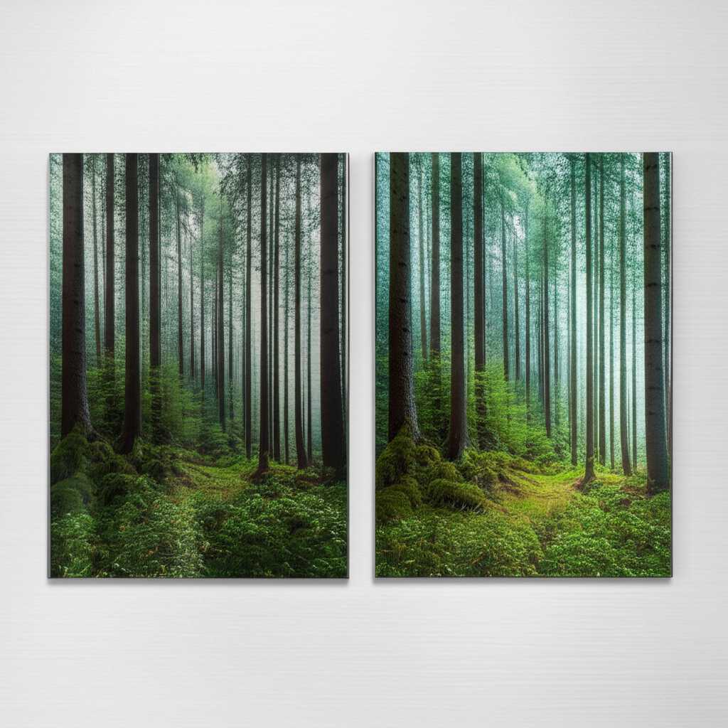 A conceptual image showing the same vibrant forest scene on a soft, matte canvas on the left and a hyper-realistic, glossy metal print on the right.