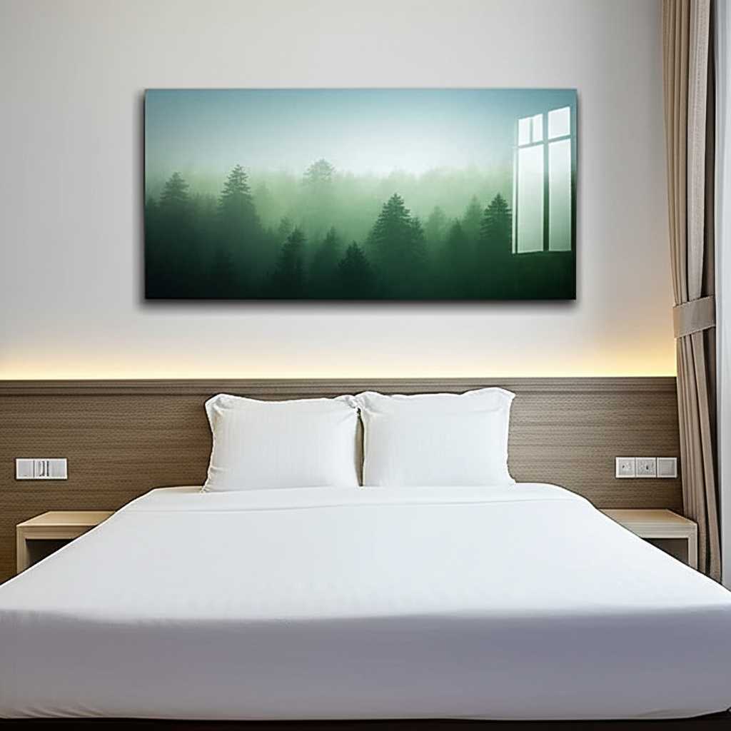 A tranquil bedroom featuring a calming blue and green landscape on a metal print.