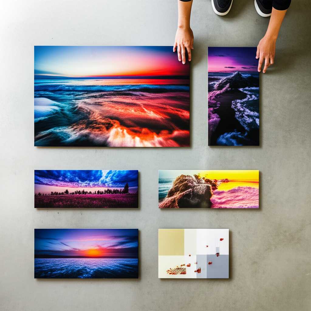 An overhead flat-lay view of various-sized metal prints being arranged on a light gray floor in a salon-style layout.