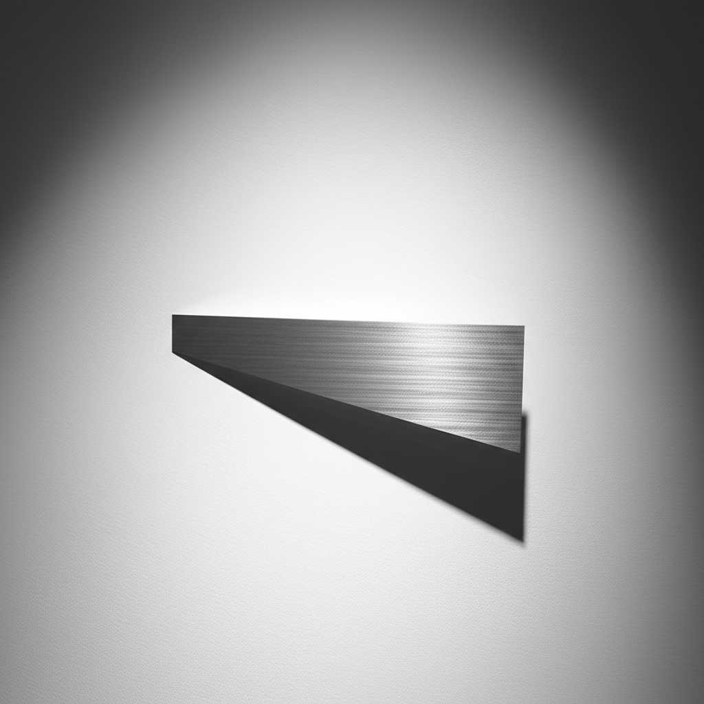 An art gallery setting with dramatic lighting highlighting the texture on a geometric metal art piece against a clean white wall.