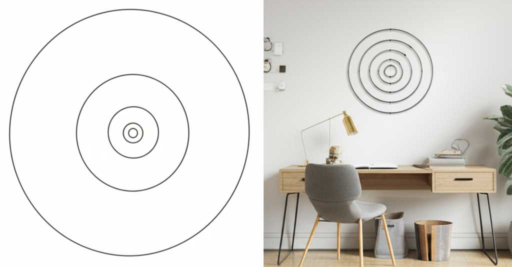 A visual diagram showing the Golden Ratio spiral overlaid on a beautifully designed interior, with the spiral's center pointing to a stunning piece of metal wall art.