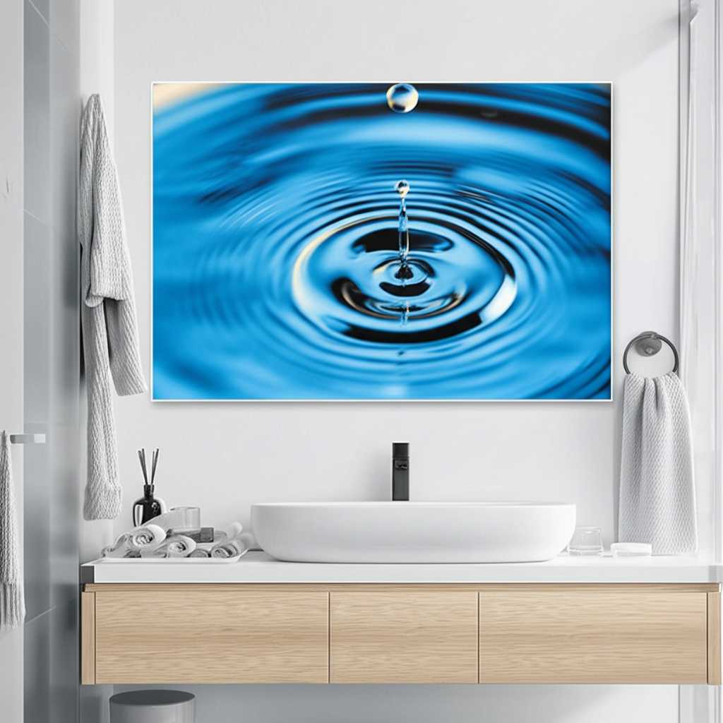 Stylized image showing a water droplet bouncing harmlessly off the surface of a sleek metal print hanging in a modern bathroom setting.