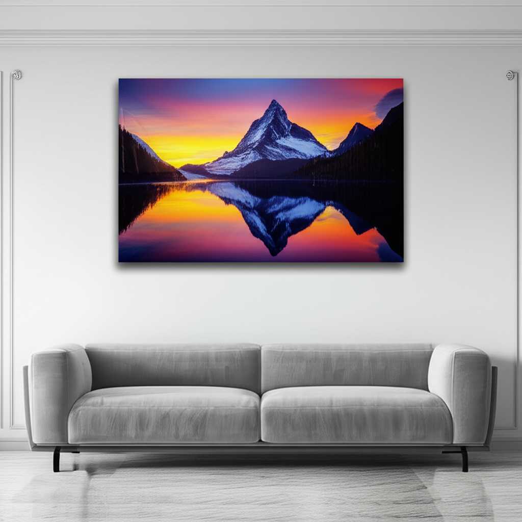 A vibrant landscape photo printed on a large, glossy metal print hanging above a modern minimalist sofa.