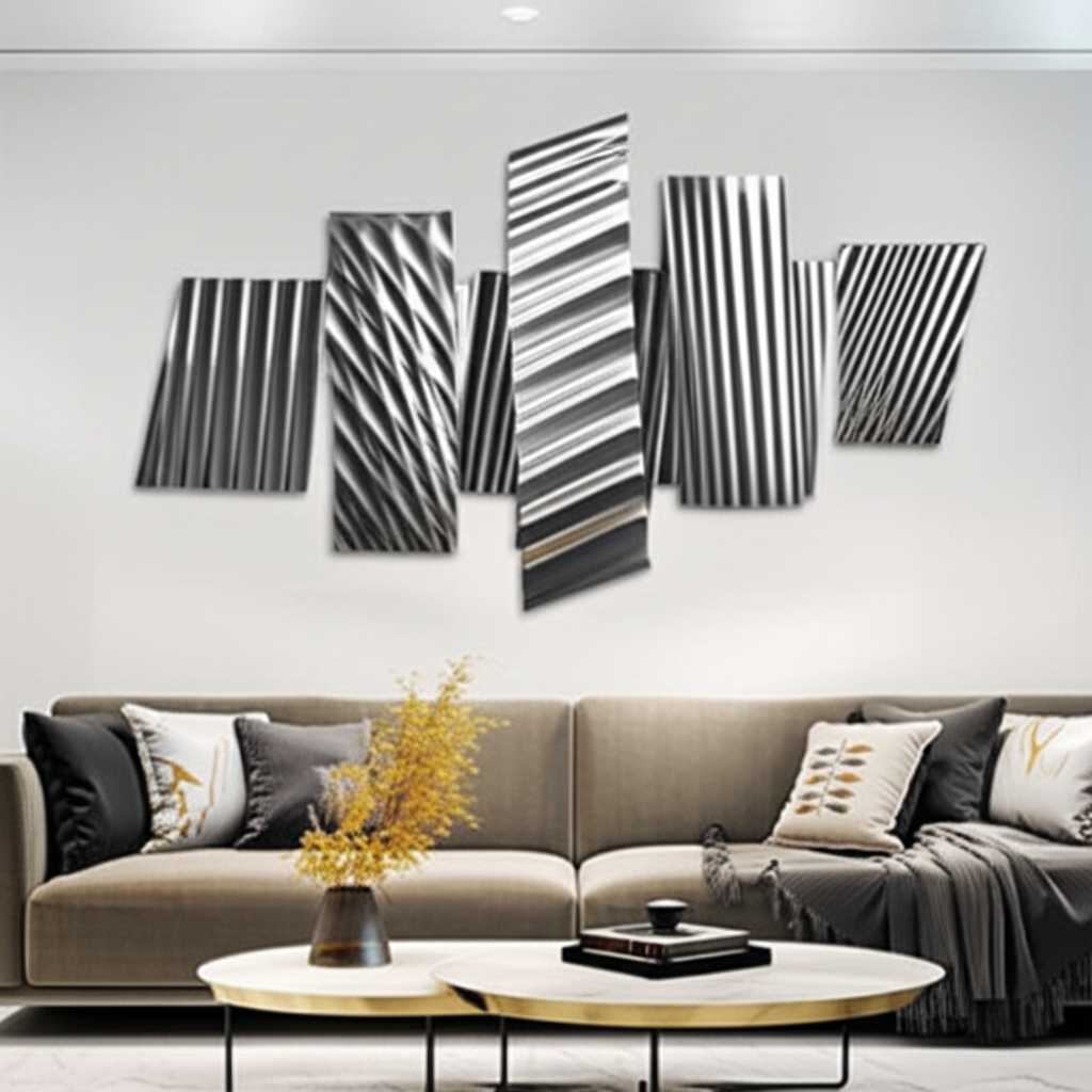 Well-decorated room with metal art focal point