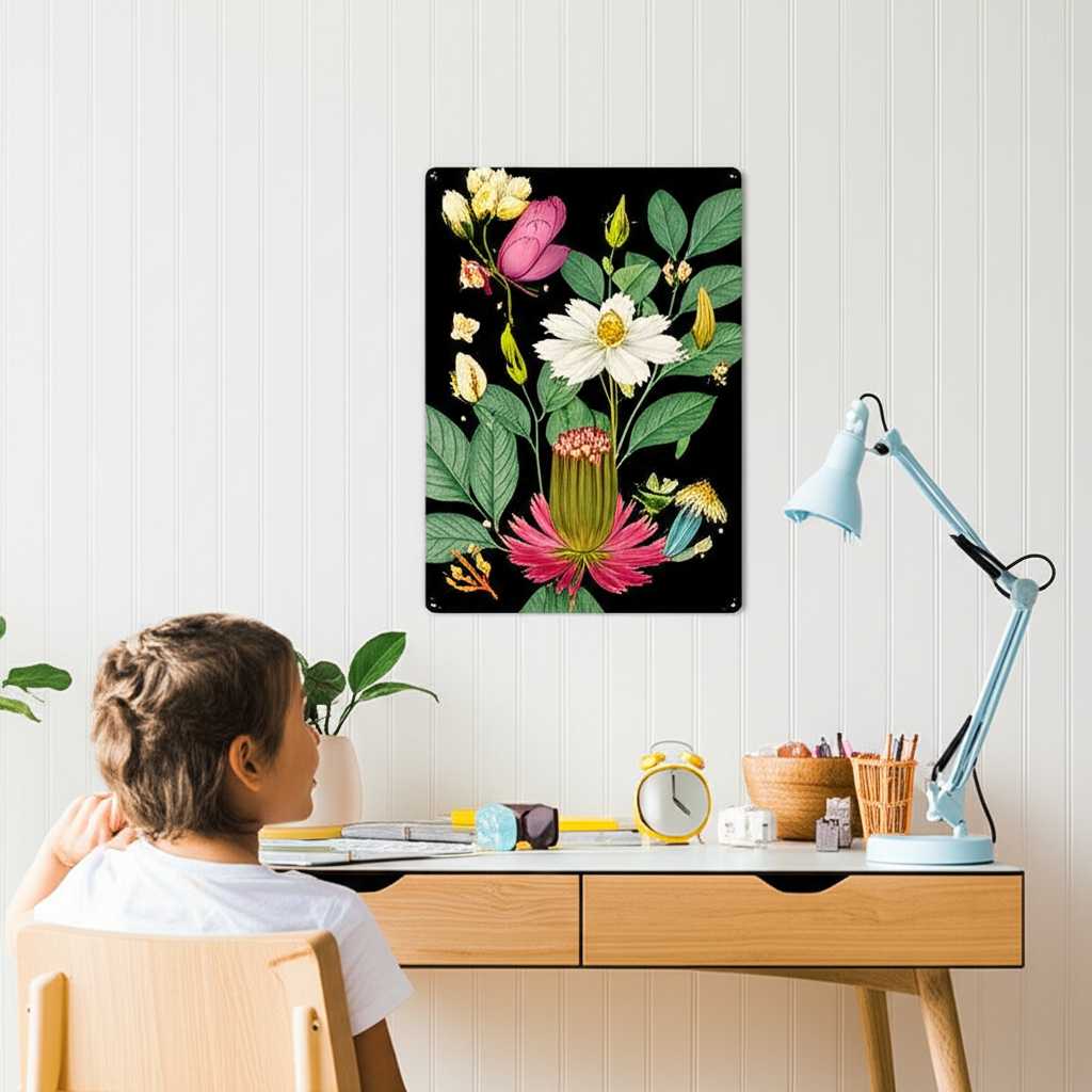 A child looking curiously at a detailed nature photograph printed on metal, hung safely in a well-lit study nook.