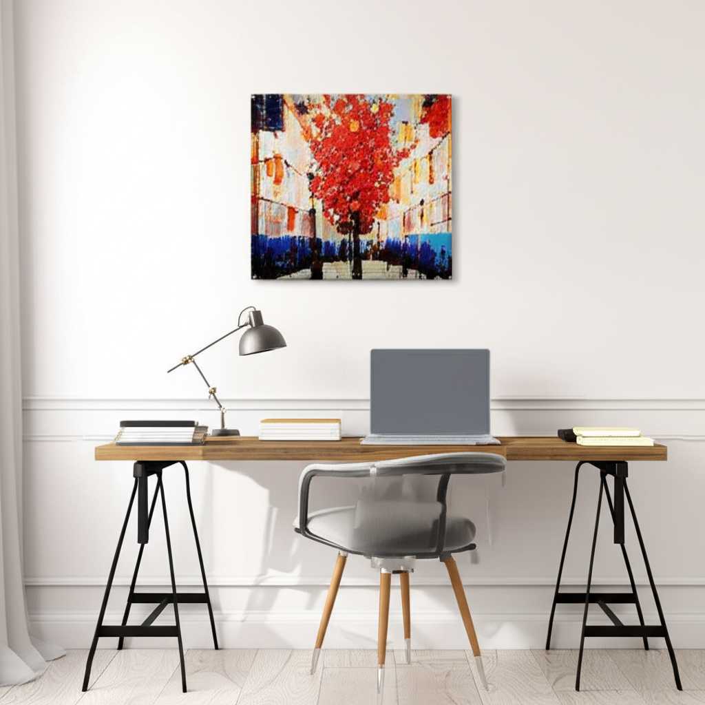 Stylish home office with an energizing Impressionist-style urban scene on a metal print